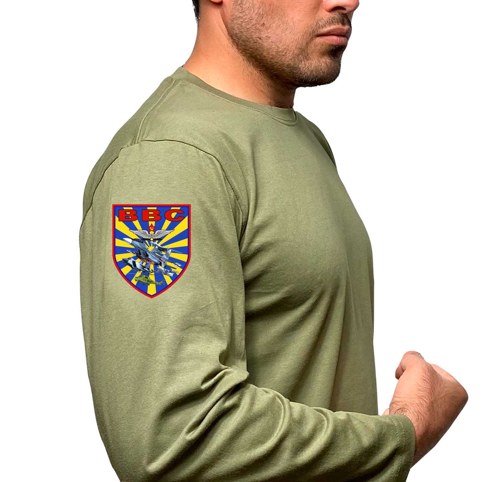 Купить футболку с длинным рукавом оливковую надежную с термоаппликацией ВВС выгодно