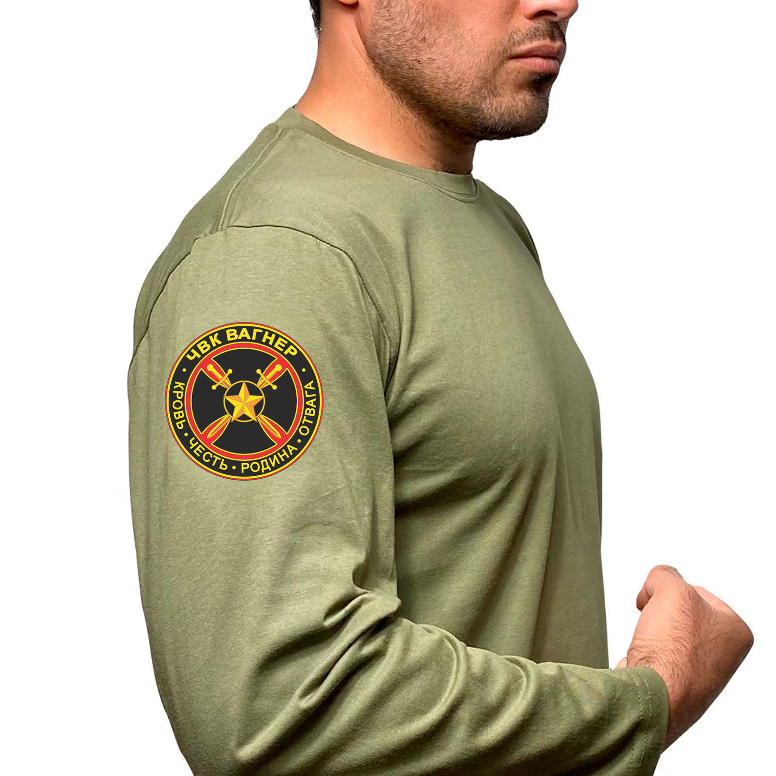 Купить мужскую оливковую футболку с длинным рукавом с термонаклейкой ЧВК Вагнер онлайн