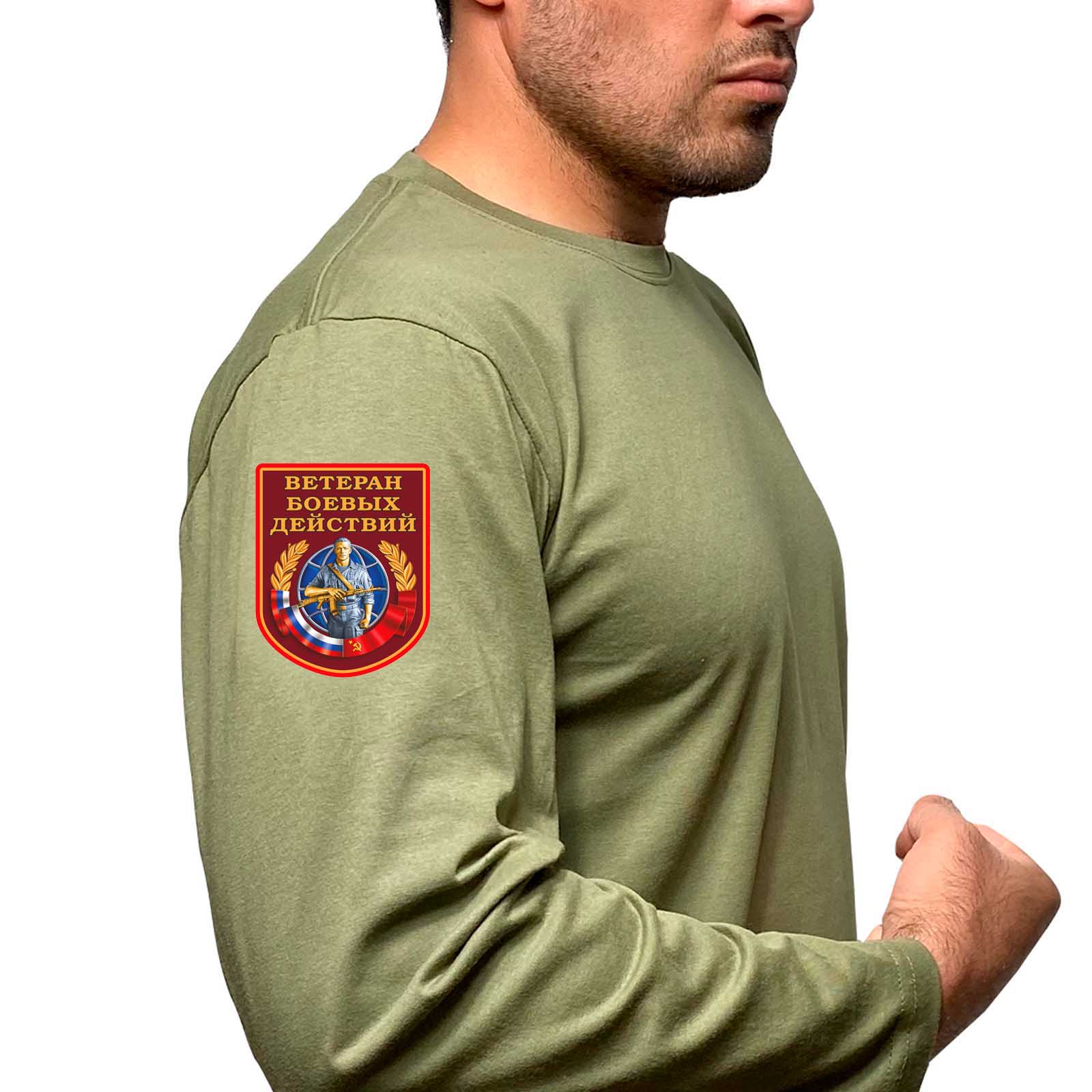 Купить надежную футболку с длинным рукавом с термотрансфером Ветеран боевых действий онлайн