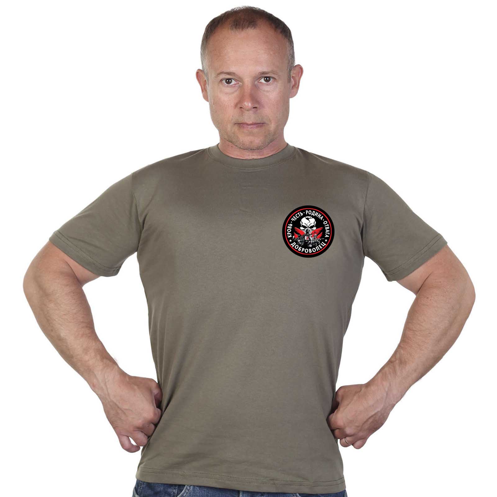 Купить трикотажную оливковую футболку с термоаппликацией Доброволец Z с доставкой