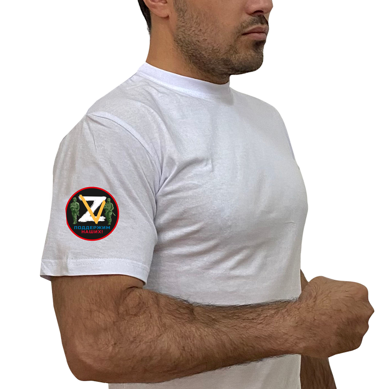 Купить белую футболку Z V с авторским трансфером на рукаве