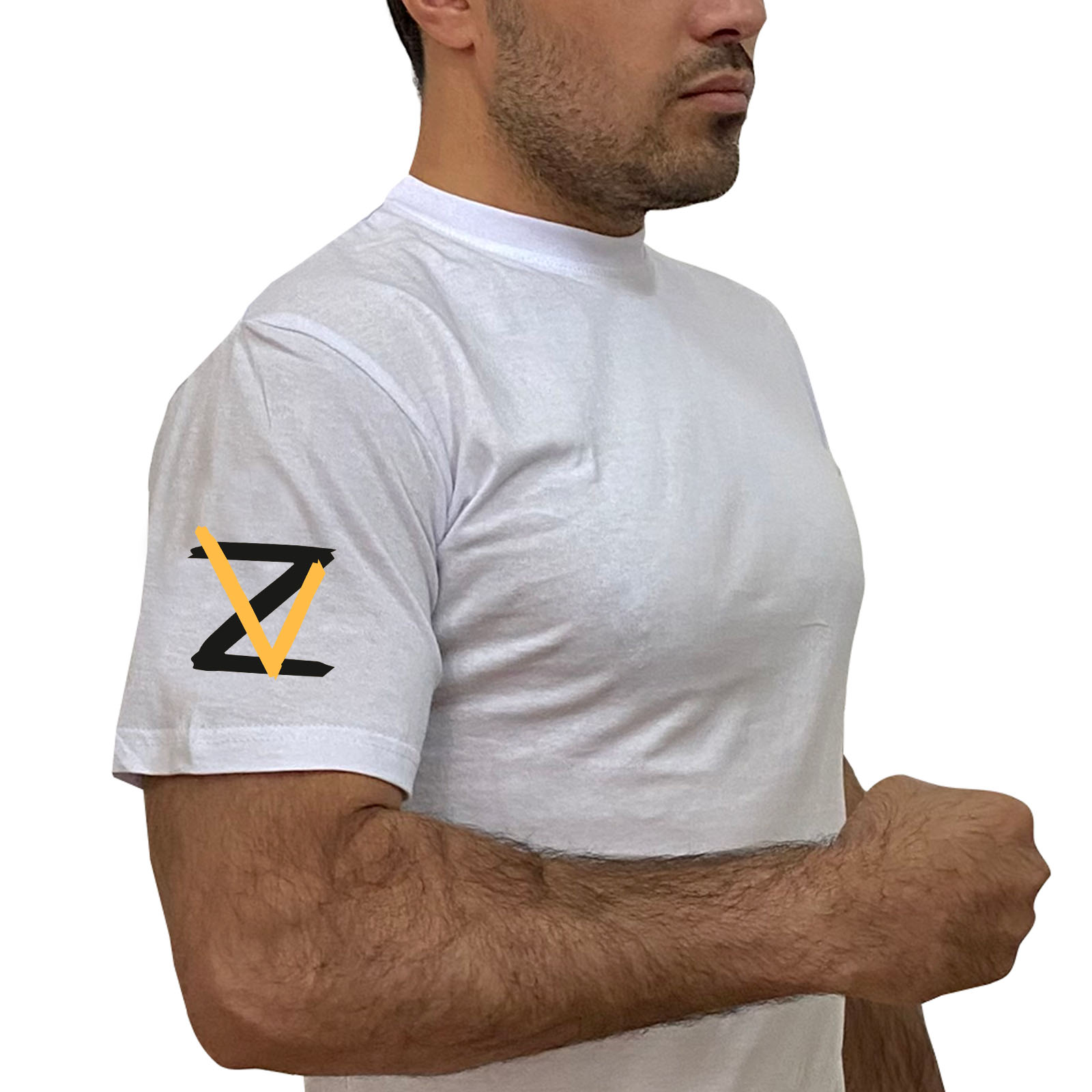 Купить белую футболку Z V с принтом на рукаве