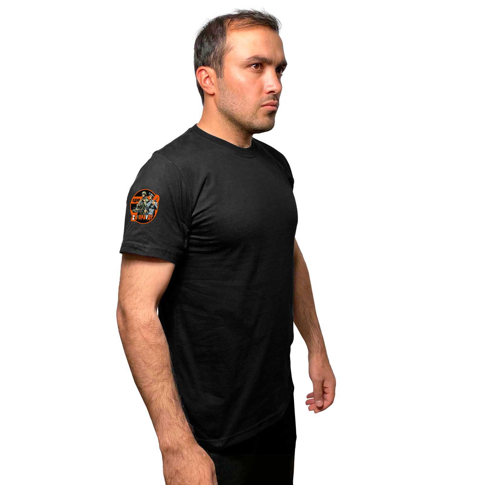 Чёрная футболка с гвардейским термотрансфером ЛДНР "Zа праVду" на рукаве