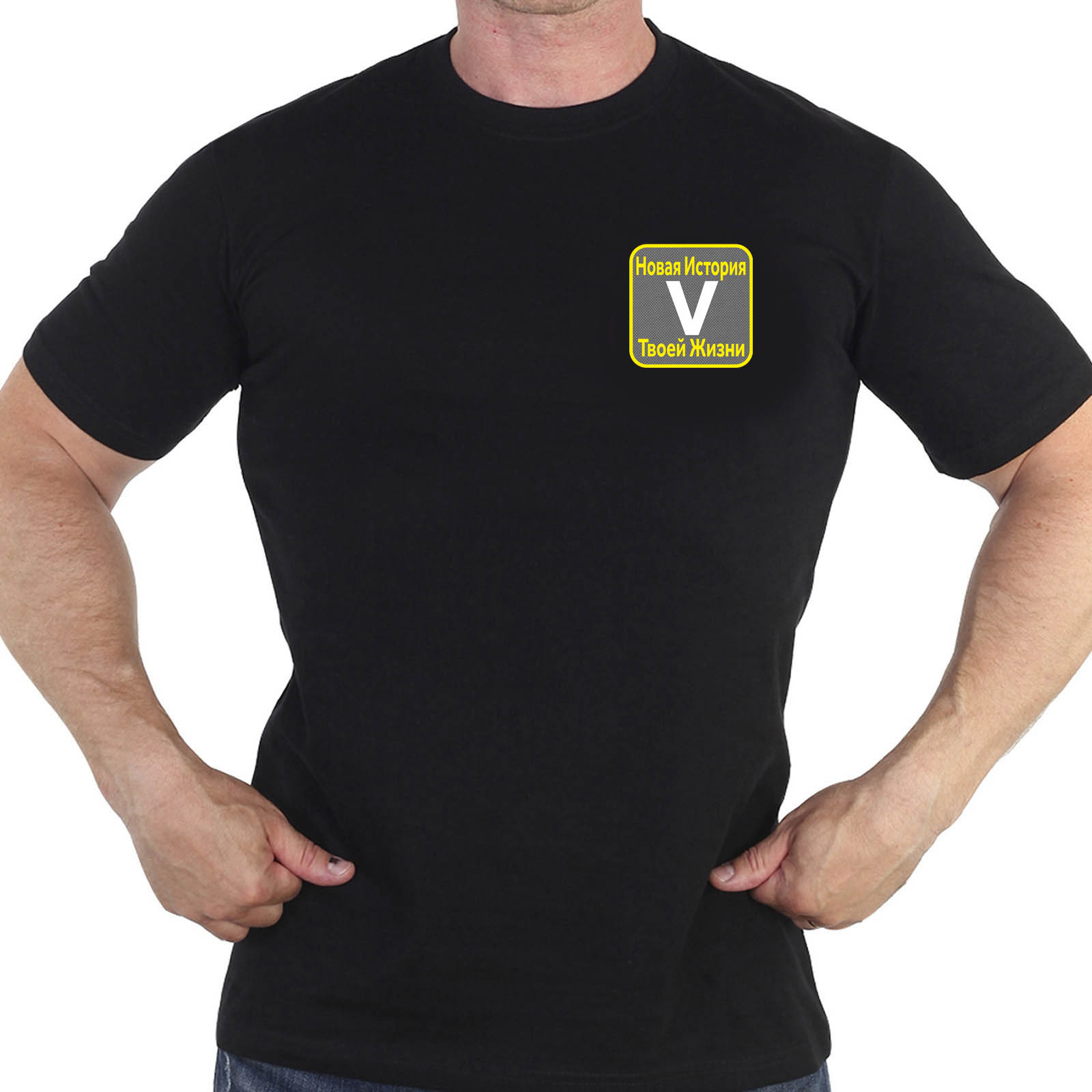 Купить черную футболку с термотрансфером V "Новая история твоей жизни"