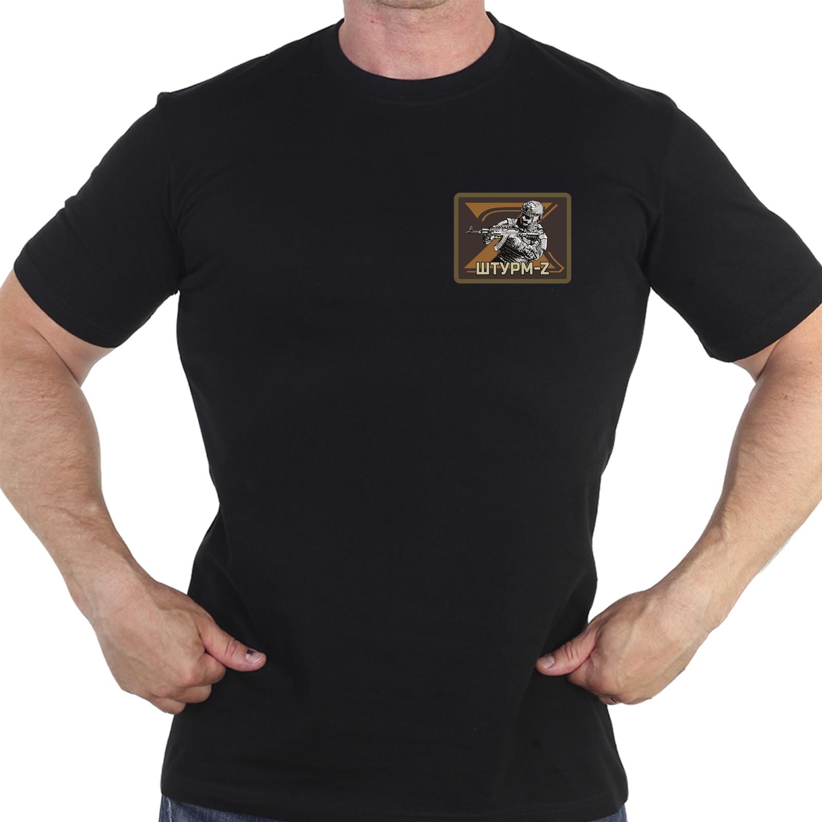 Купить черную футболку с термотрансфером в в стиле Z "Штурм"