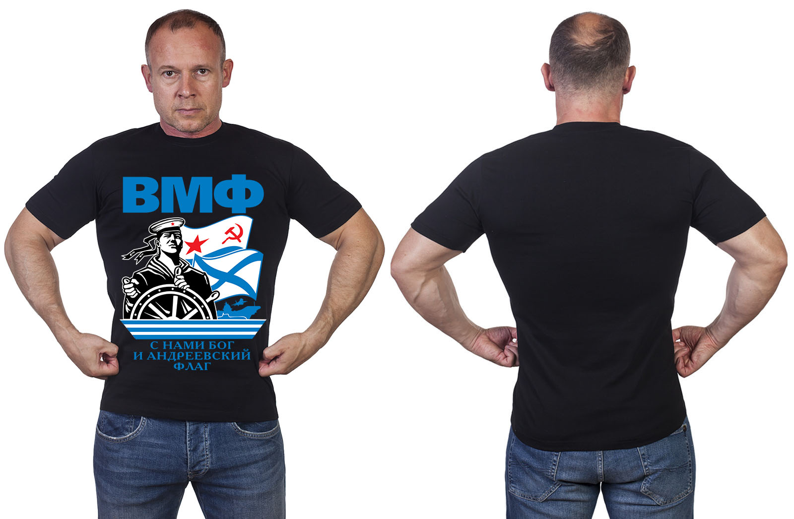 Черная футболка ВМФ с принтом авторского дизайна 