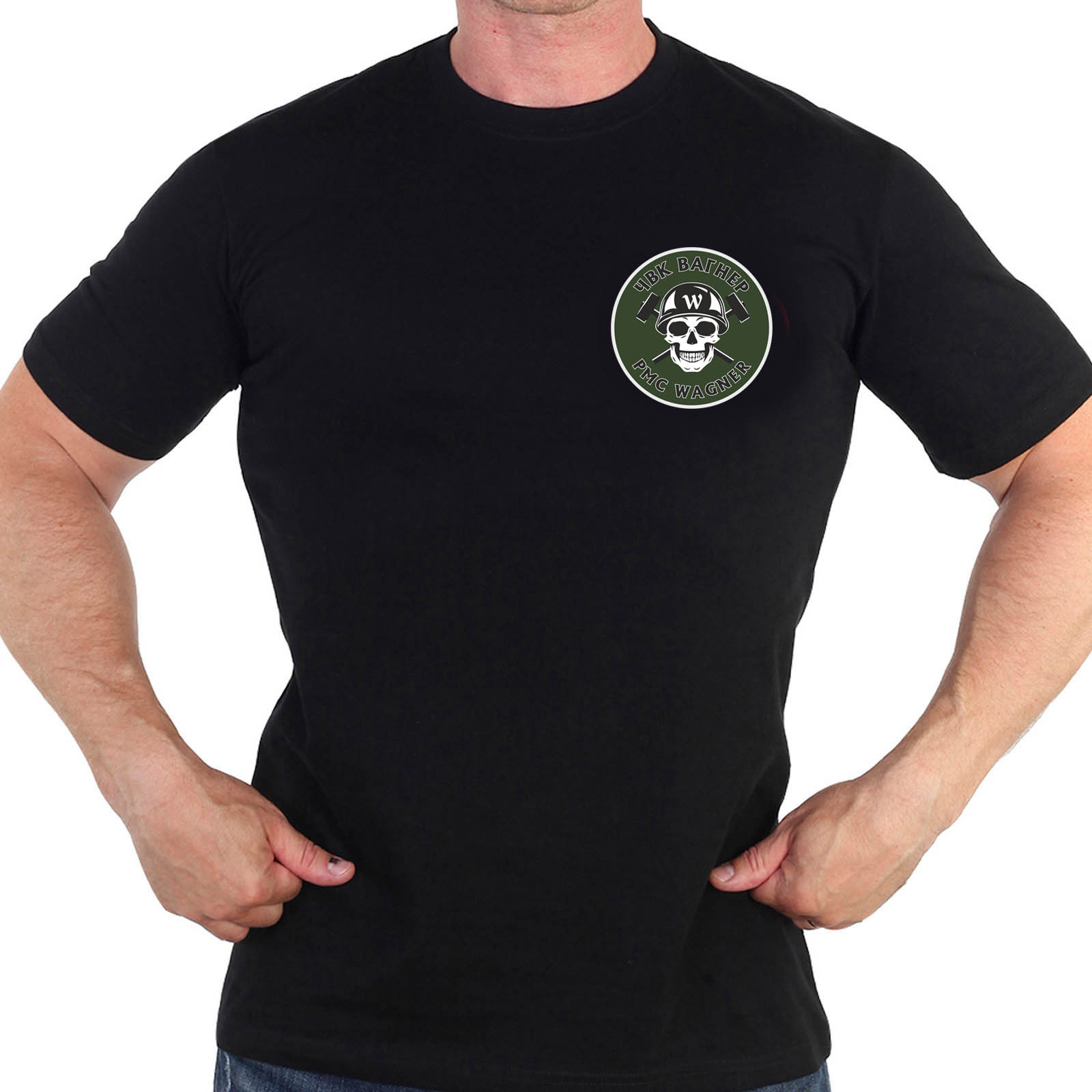 Купить черную крутую футболку с термонаклейкой ЧВК Вагнер с доставкой