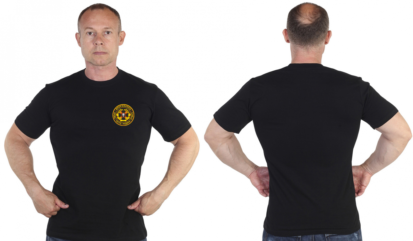 Купить черную мужскую футболку с термоаппликацией Доброволец с доставкой