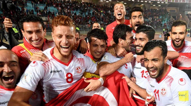 Футболисты сборной Туниса с национальным флагом празднуют отбор на чемпионат мира в России