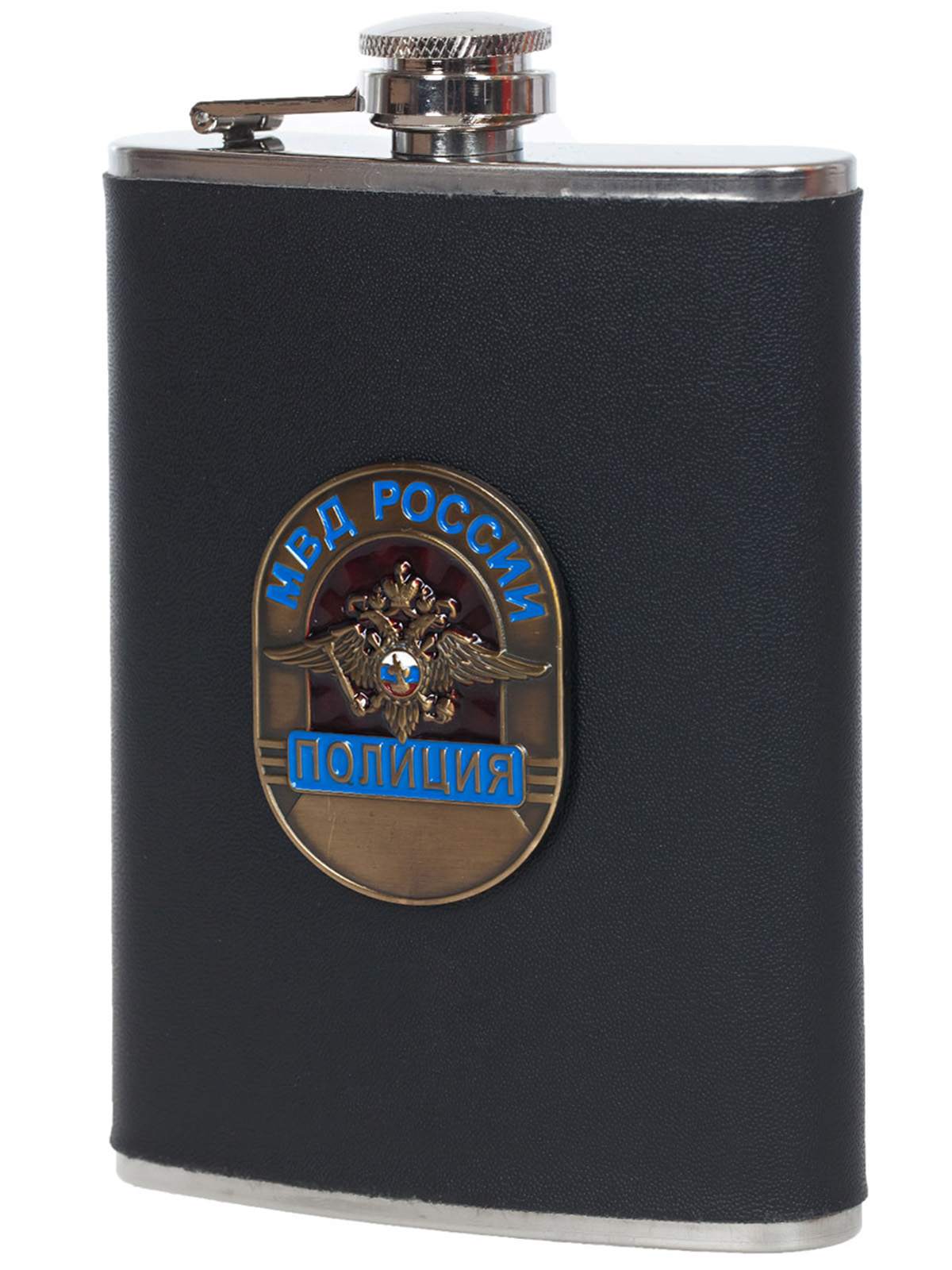 Заказать карманную фляжку "Полиция МВД России" (обтянутая кожей, металлический жетон)