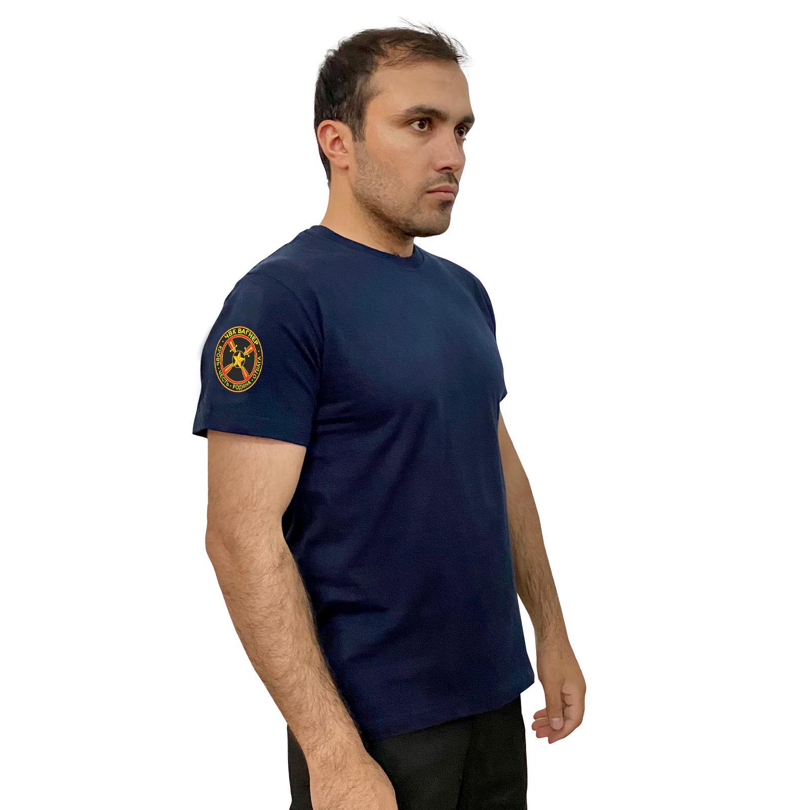 Купить мужскую синюю футболку с термонаклейкой ЧВК Вагнер онлайн