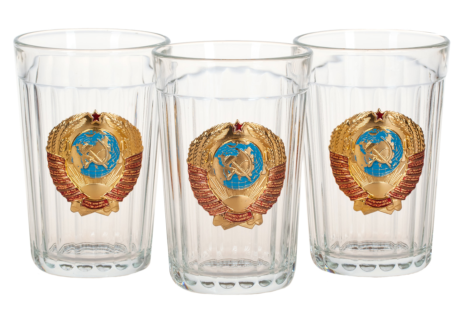 Набор из 3 стаканов изготовленных из прочного стекла с гербом СССР