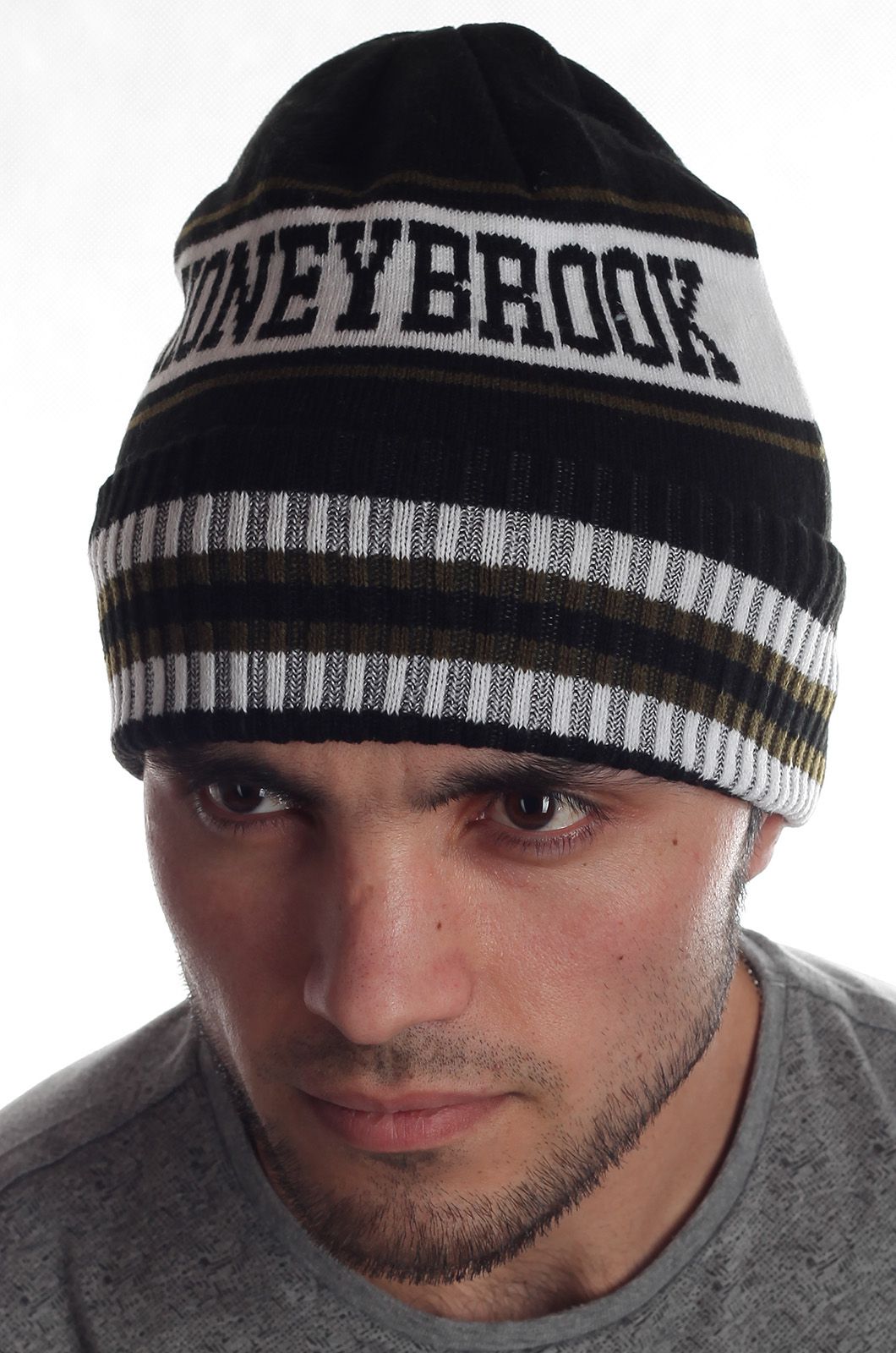 Купить неприхотливую утепленную флисом полосатую мужскую шапку Haneybrook с отворотом по низкой цене