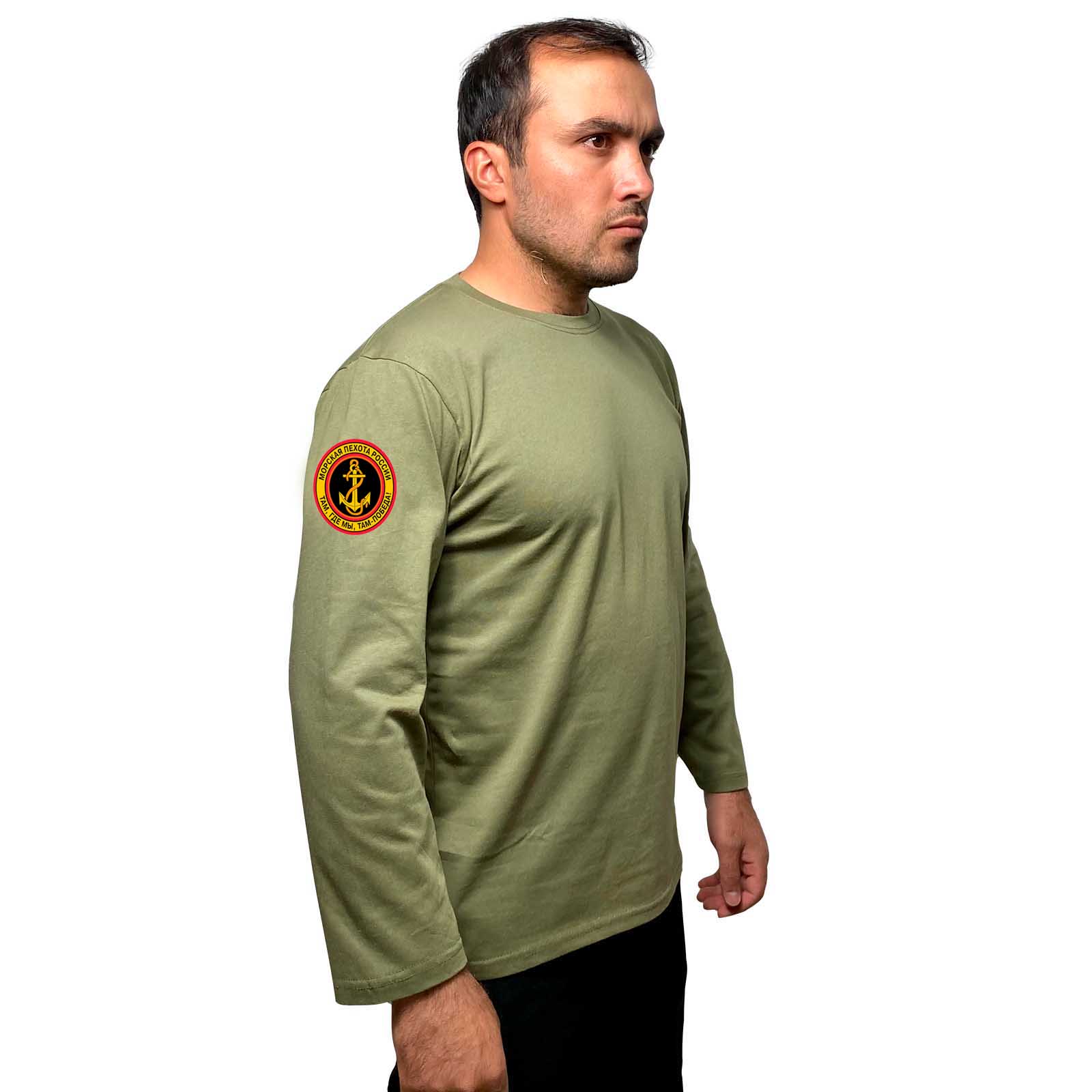 Купить оливковую футболку с длинным рукавом с термоаппликацией Морская пехота России онлайн