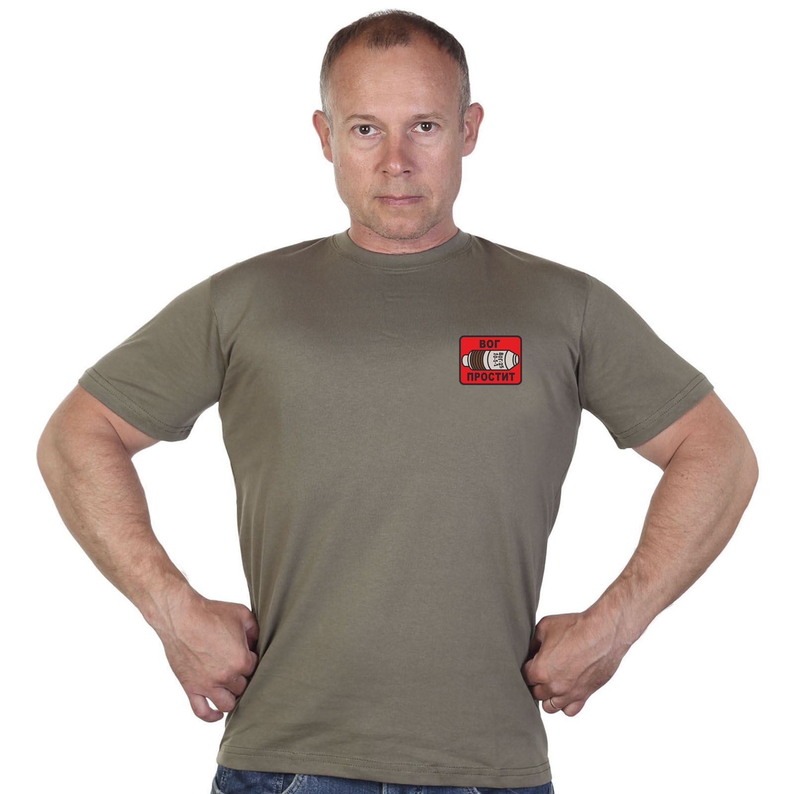 Оливковая футболка с термотрансфером "ВОГ простит"