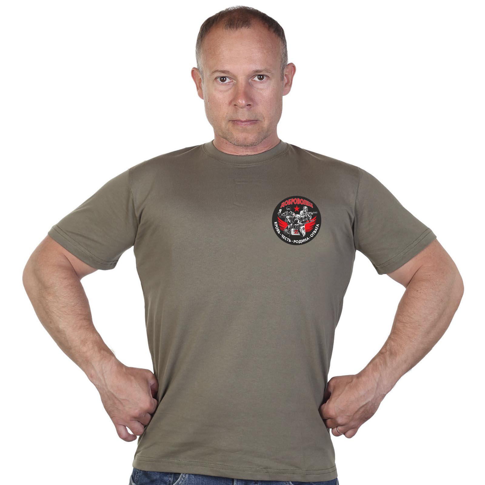 Купить оливковую хлопковую футболку с термоаппликацией Доброволец Z онлайн