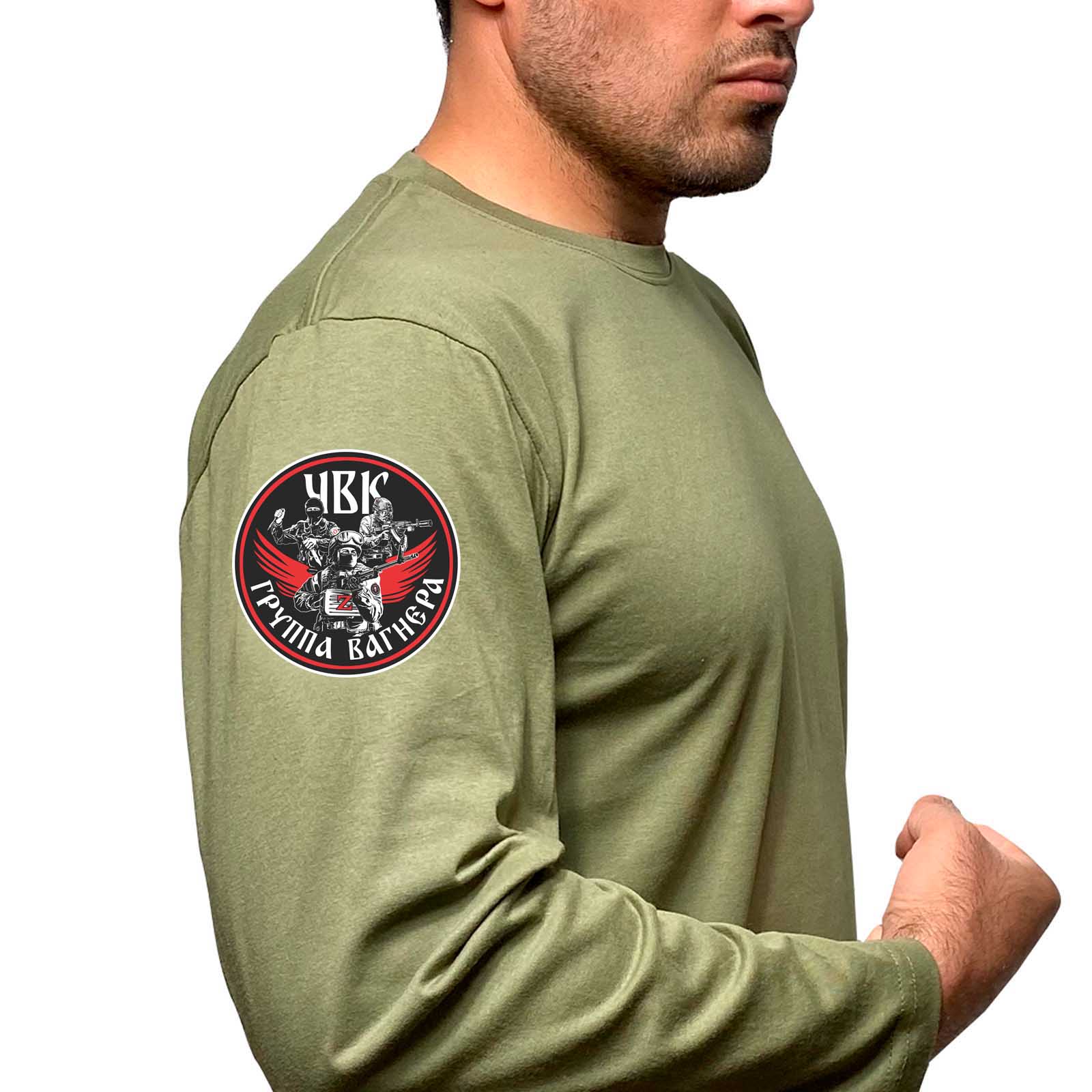 Купить оливковую мужскую футболку с длинным рукавом с термотрансфером ЧВК Группа Вагнера с доставкой