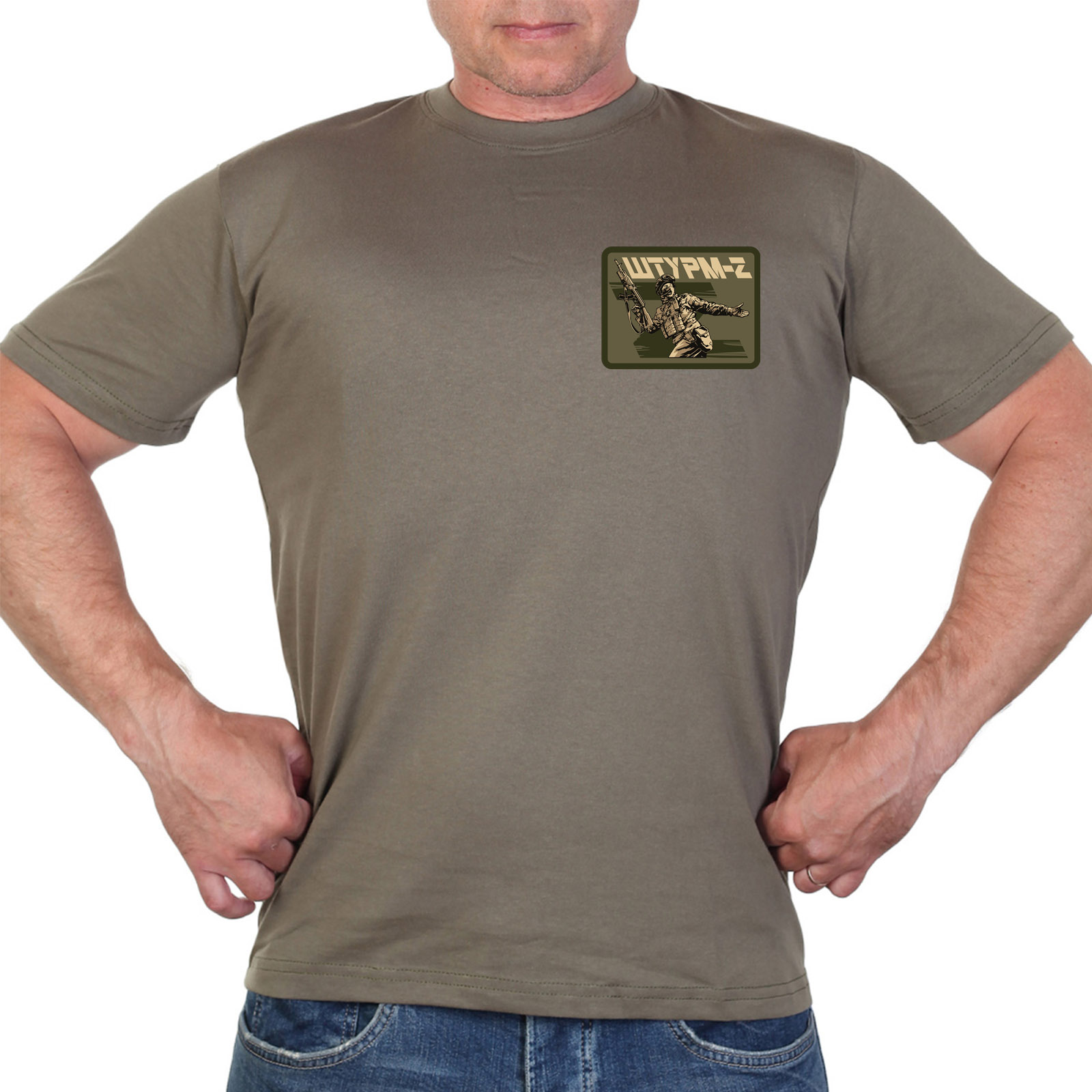 купить оливковую мужскую футболку с термотрансфером "Штурм-Z"