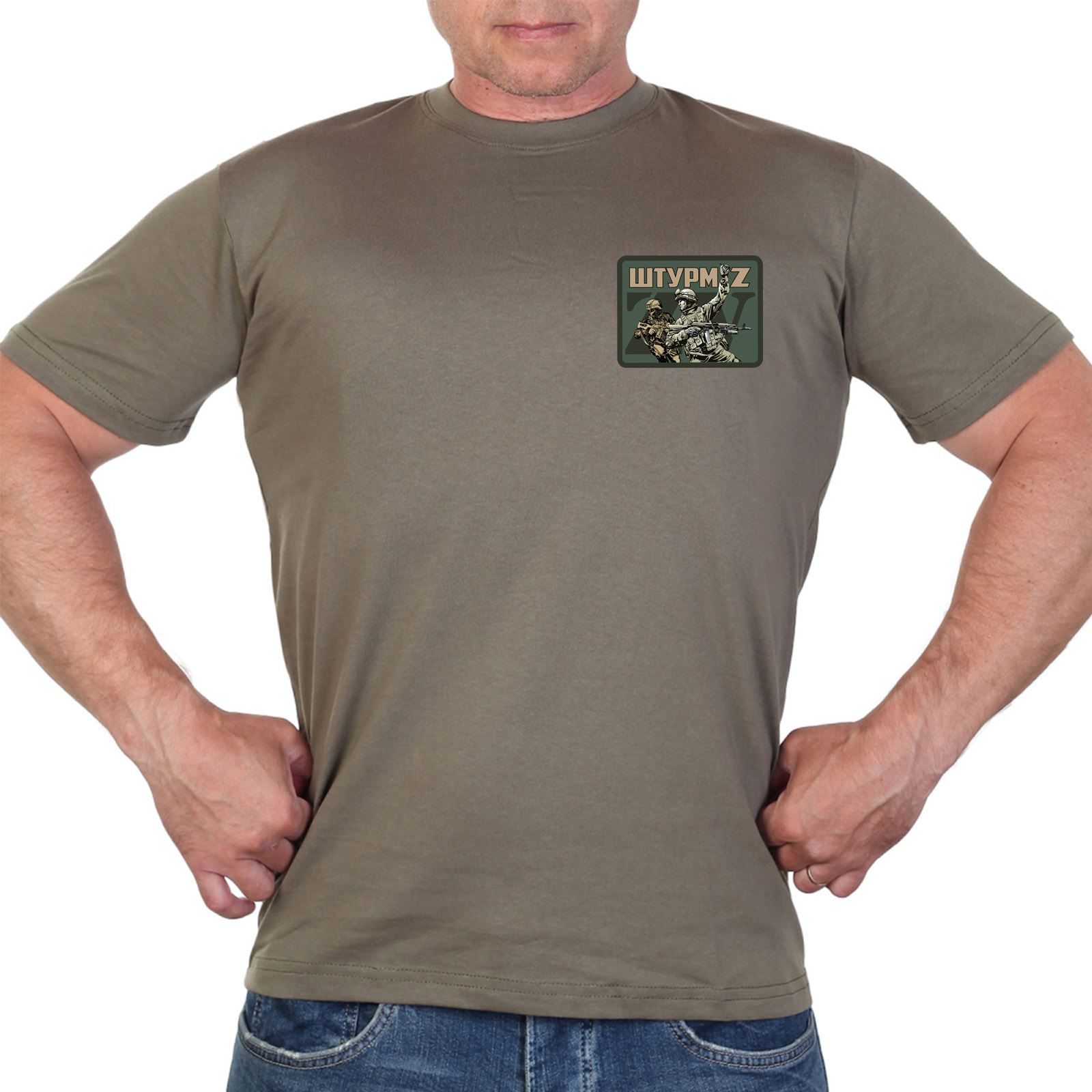 Купить оливковую мужскую футболку с трансфером ZV "Штурм"