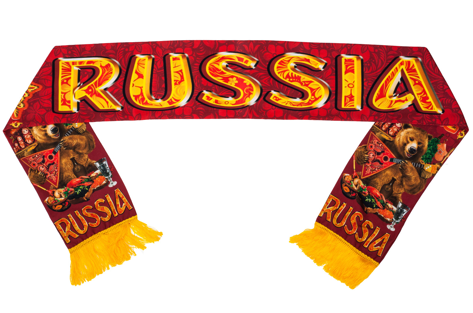 Двухсторонний шарф шелковый авторского дизайна с крупной надписью: "RUSSIA"