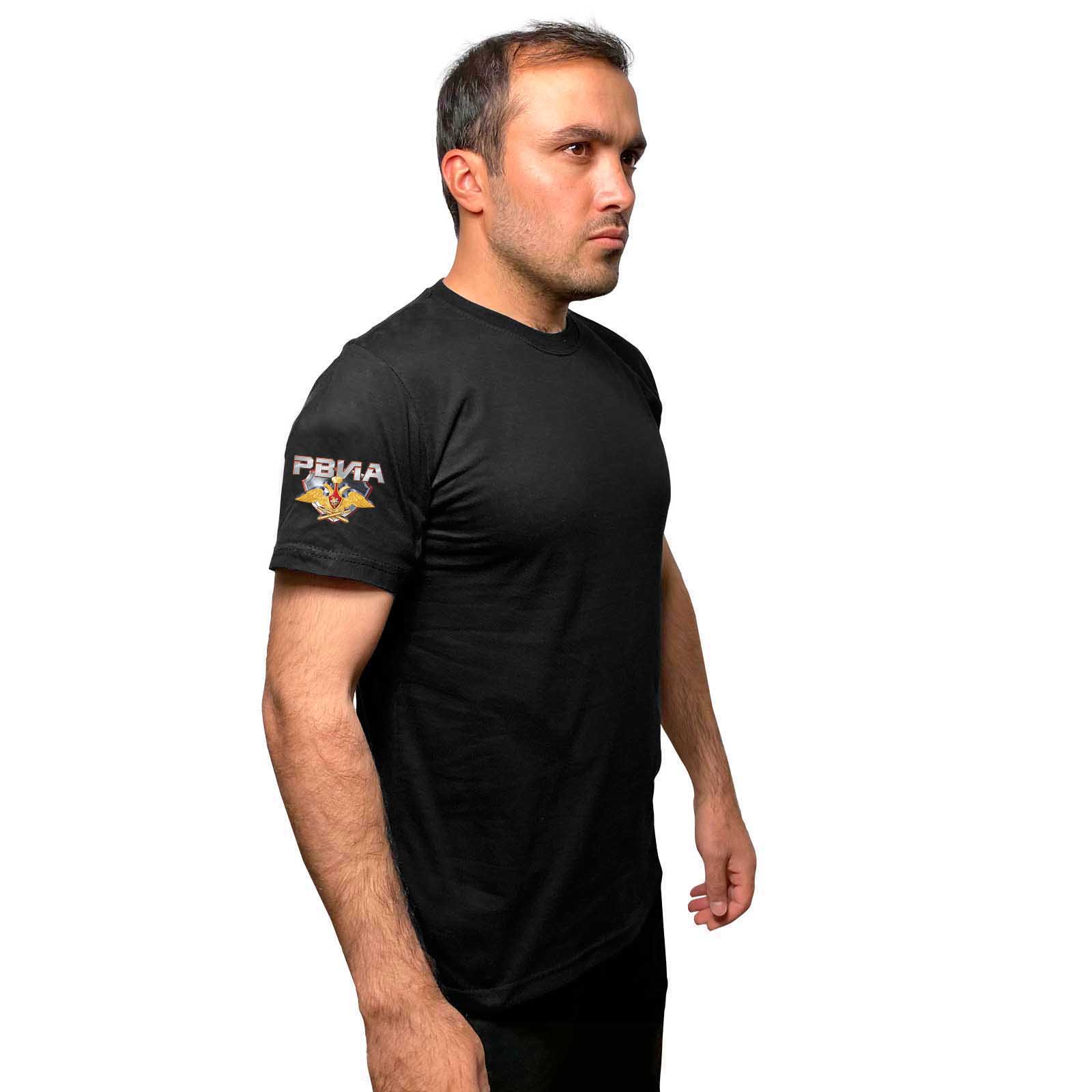 Купить стильную черную футболку с термотрансфером РВиА онлайн