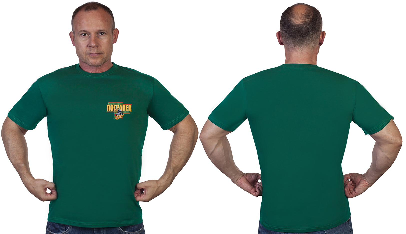 Зелёная футболка с термотрансферной надписью "Погранец" - в розницу и оптом